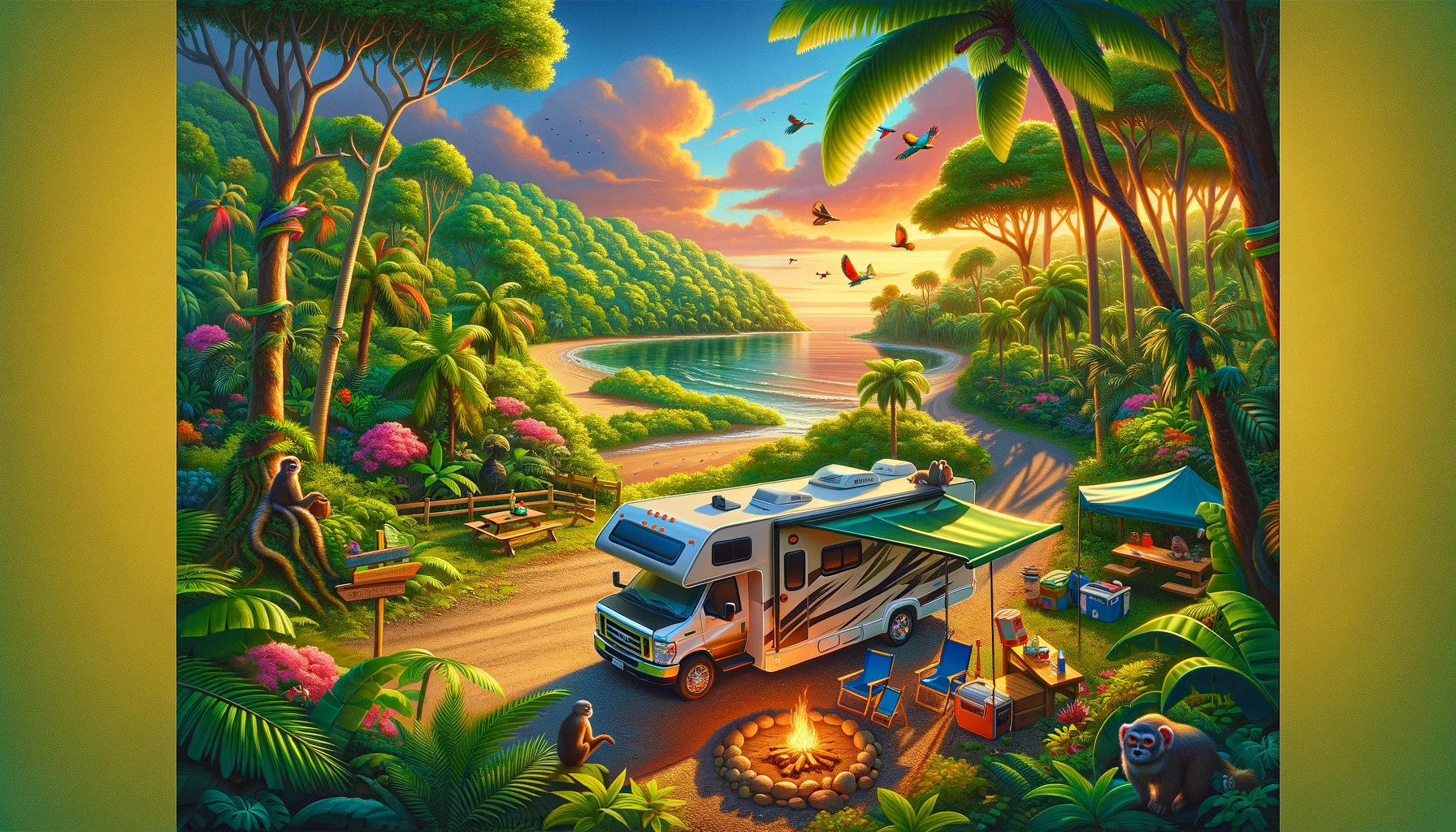 DALL·E 2024 06 02 16.23.43 A vibrant scene of RV camping in Costa Rica. The RV is parked in a lush tropical setting, surrounded by dense green rainforest, with colorful birds an