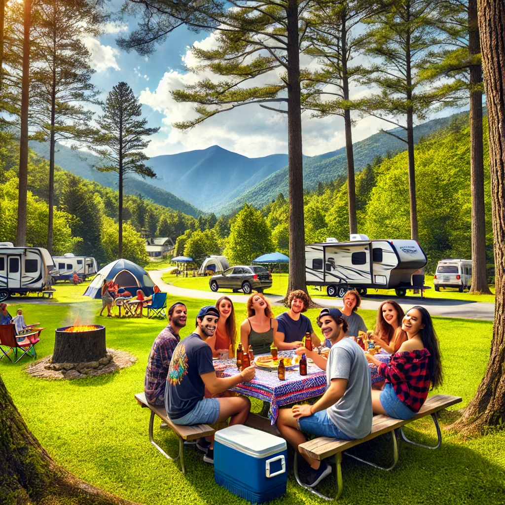 DALL·E 2024 06 18 14.42.41 A scenic campground nestled in the Blue Ridge Mountains near Asheville, North Carolina. The image shows a vibrant and lush campground with towering tr